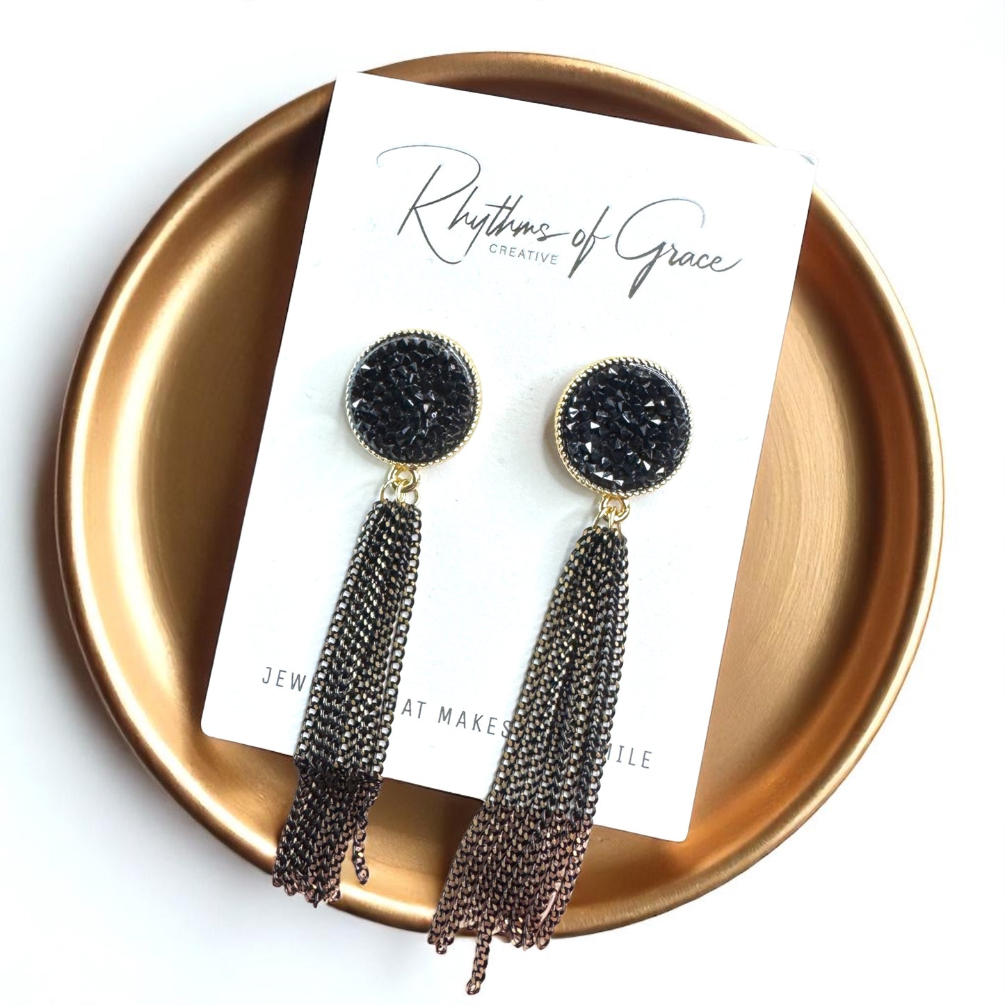 Glamorous Black & Gold Druzy Dangle Earrings - Sparkle & Shine! 🌟