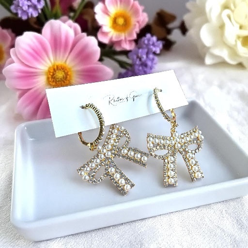 Sparkle & Shine: Rhinestone & Faux Pearl Bow Hoop Earrings