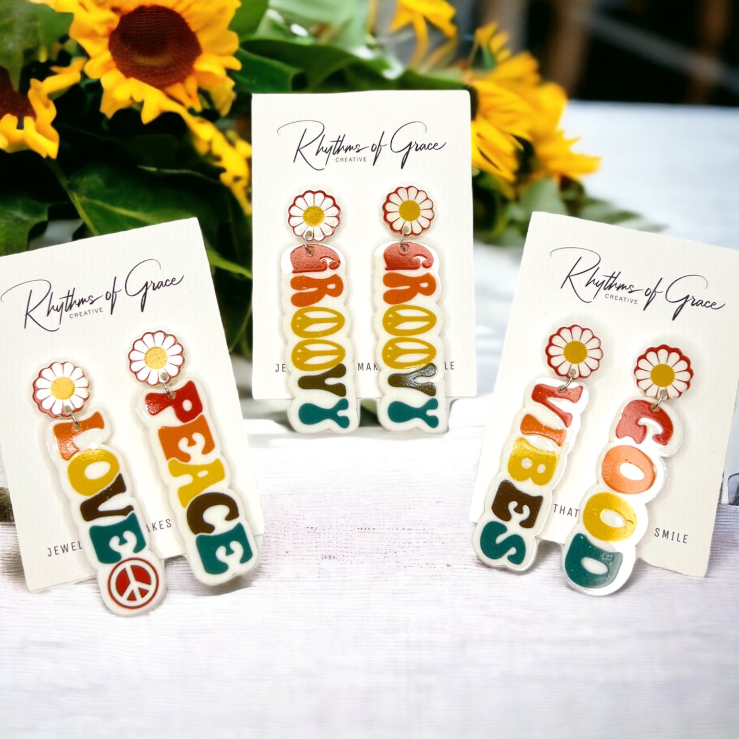 Good Vibes Earrings - Groovy Earrings, Fun Earrings, Peace and Love, Peace Sign, Hippie Earrings - Rhythms of Grace Creative