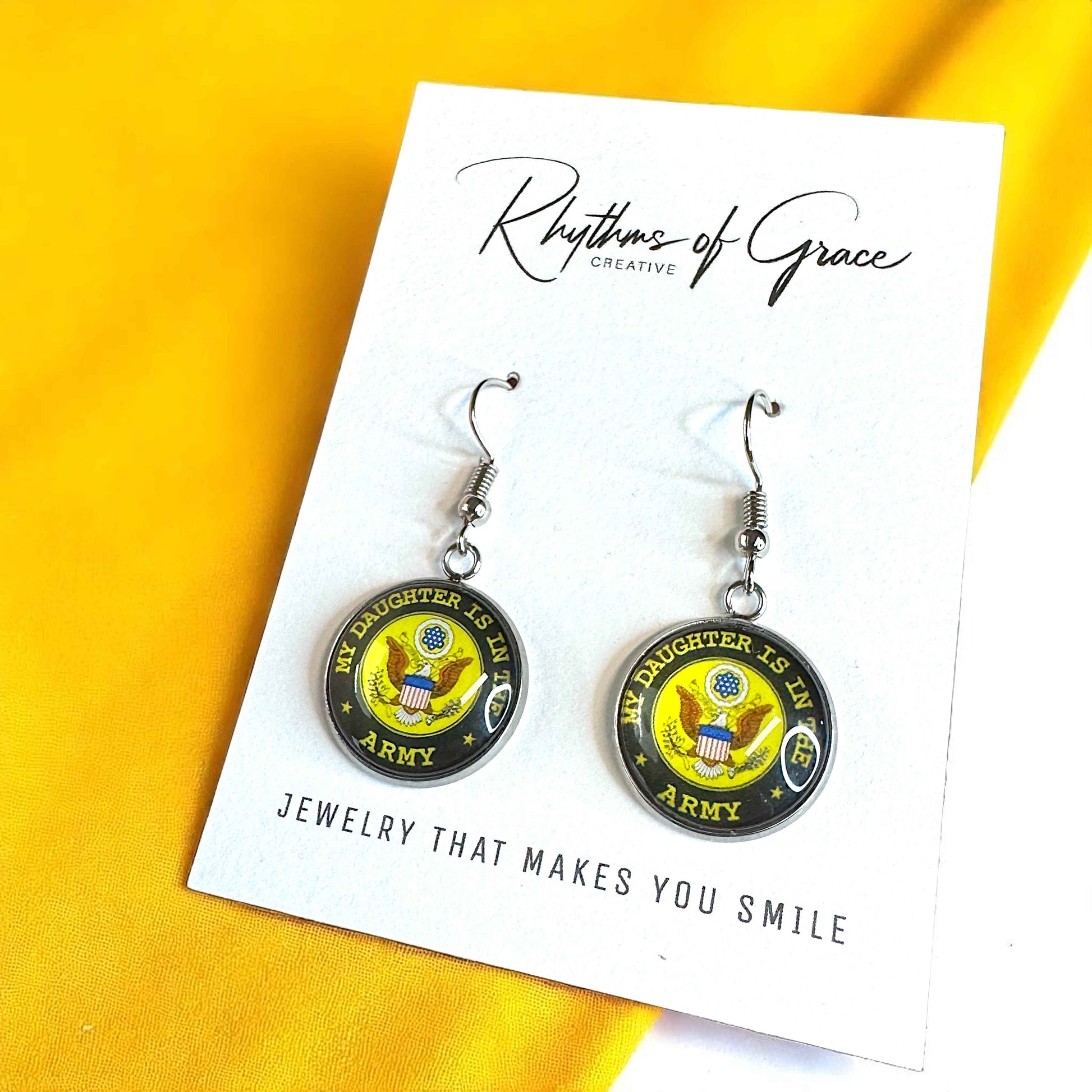 Military Mom Marvels: Army Cabochon Dangle Earrings!