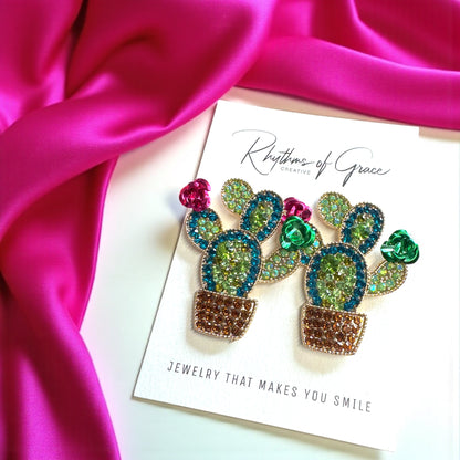 Bloom Boldly with These Rhinestone Cactus Earrings!🌵