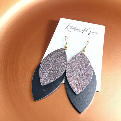 Spark Up Your Style: Chic Black Layered Leather Earrings - Gold or Silver Accent!