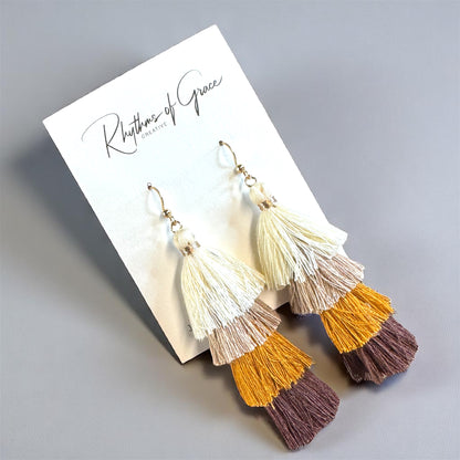 Boho Babe Alert! Tiered Tassel Earrings - Neutral Chic
