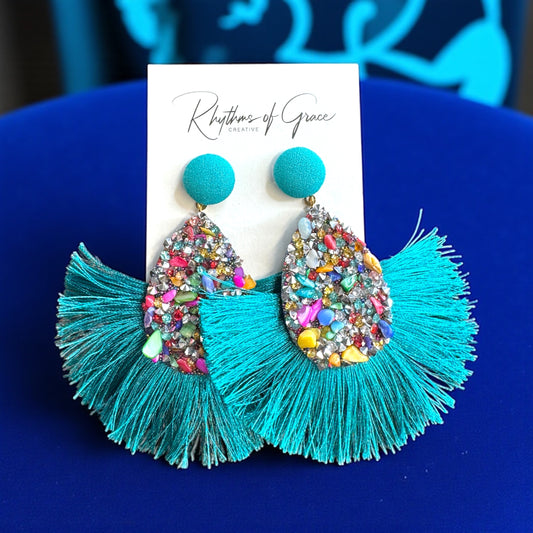 Vibrant Teal Tassel Earrings – Festival Ready