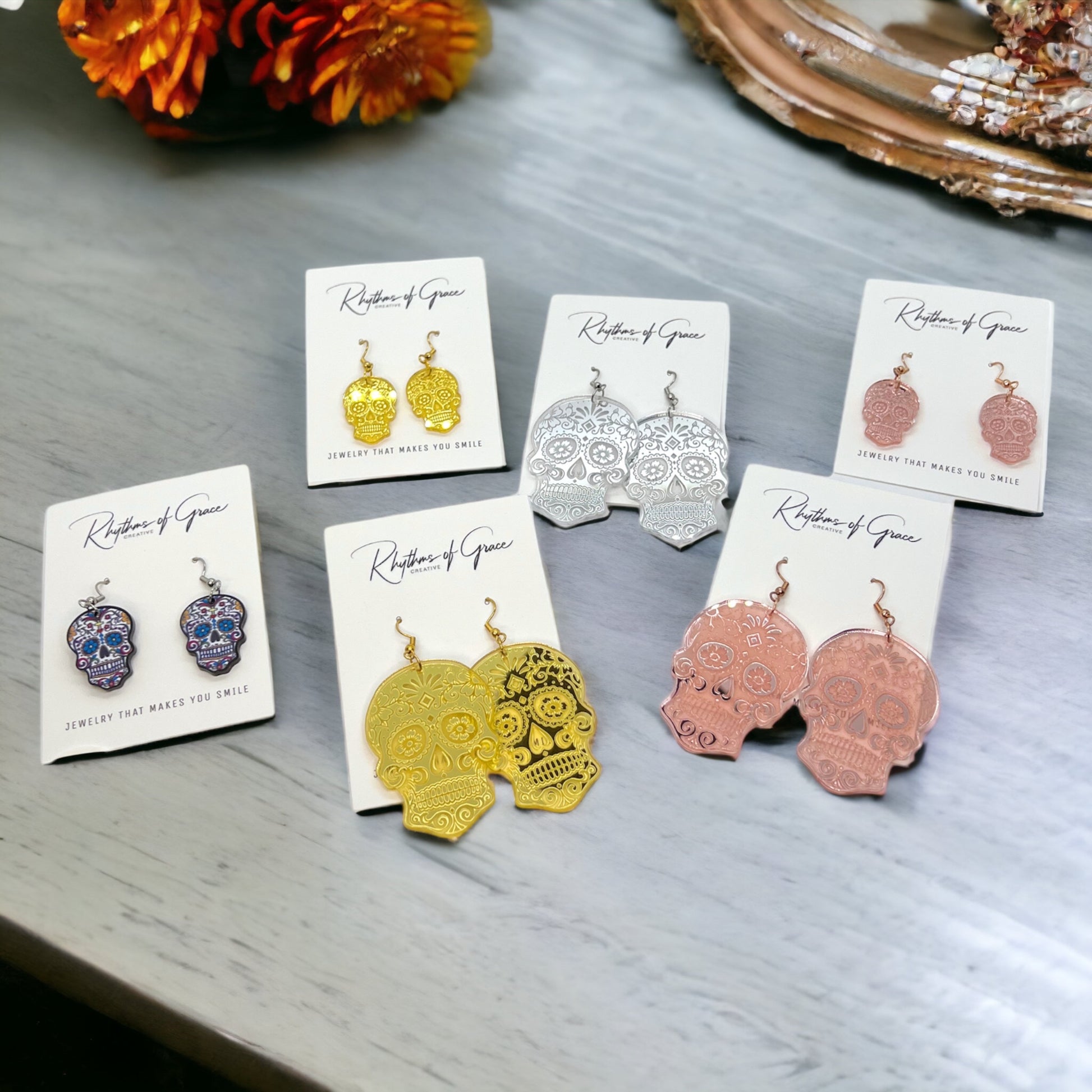Metallic Skull Earrings - Halloween Earrings, Skeleton Earrings, Halloween Skull, Halloween Earrings, Sugar Skull, Trick or Treat - Rhythms of Grace Creative