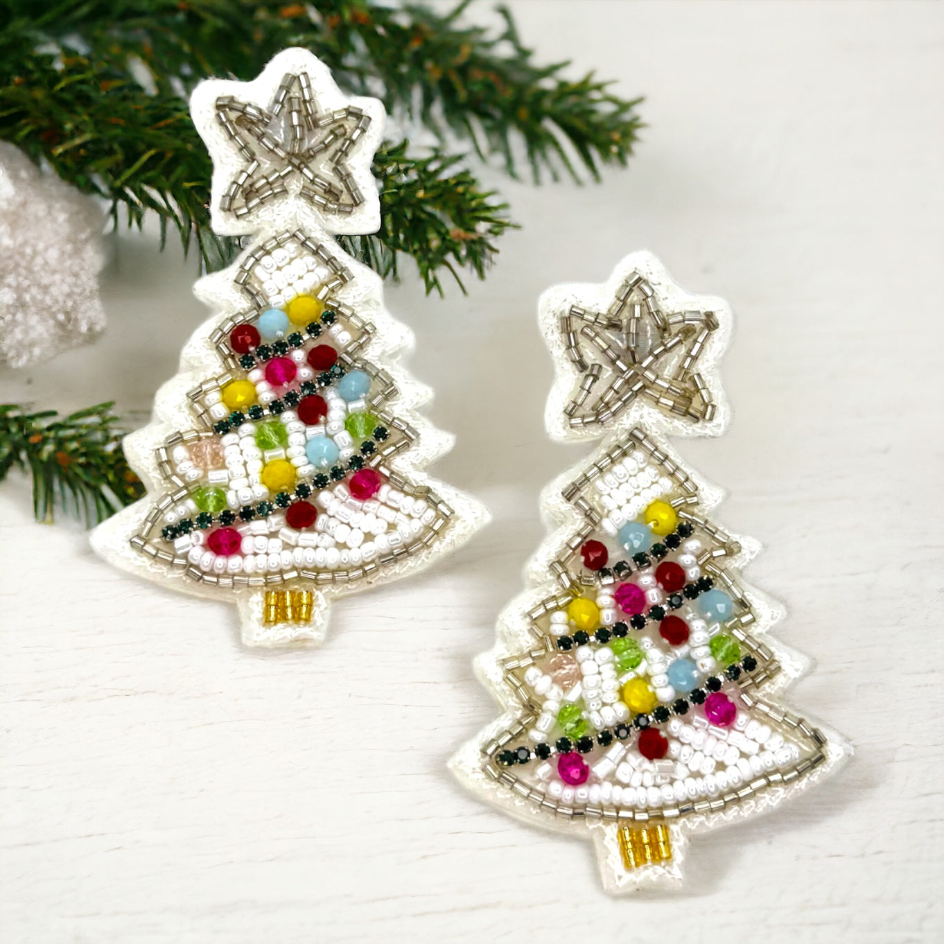 Sparkling Winter Charm: Beaded White Christmas Tree Earrings!