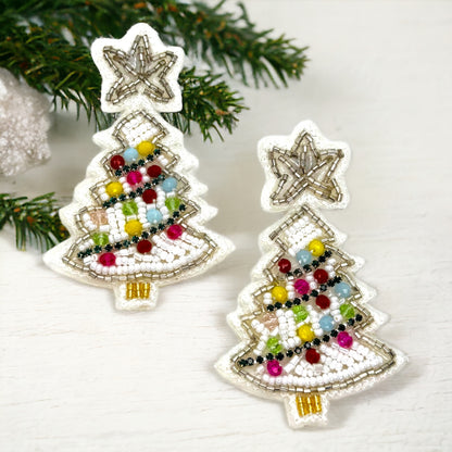 Sparkling Winter Charm: Beaded White Christmas Tree Earrings!
