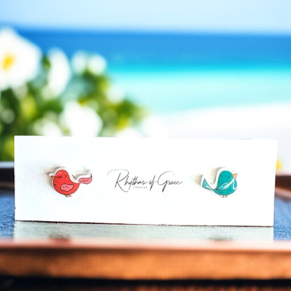 Whimsical Fairy Tale Bird Studs: Pink & Blue Mismatched Magic!