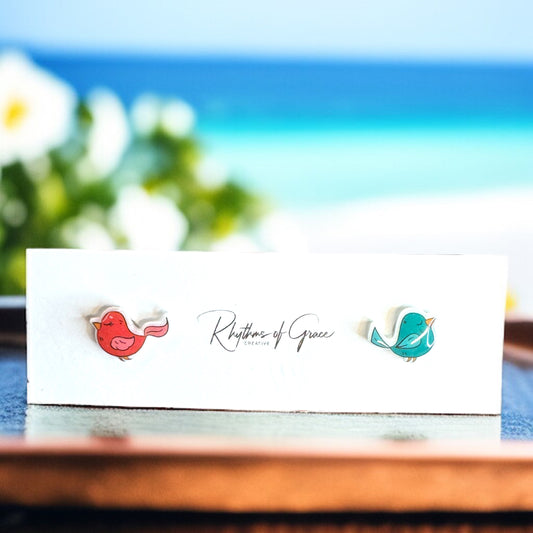 Whimsical Fairy Tale Bird Studs: Pink & Blue Mismatched Magic!