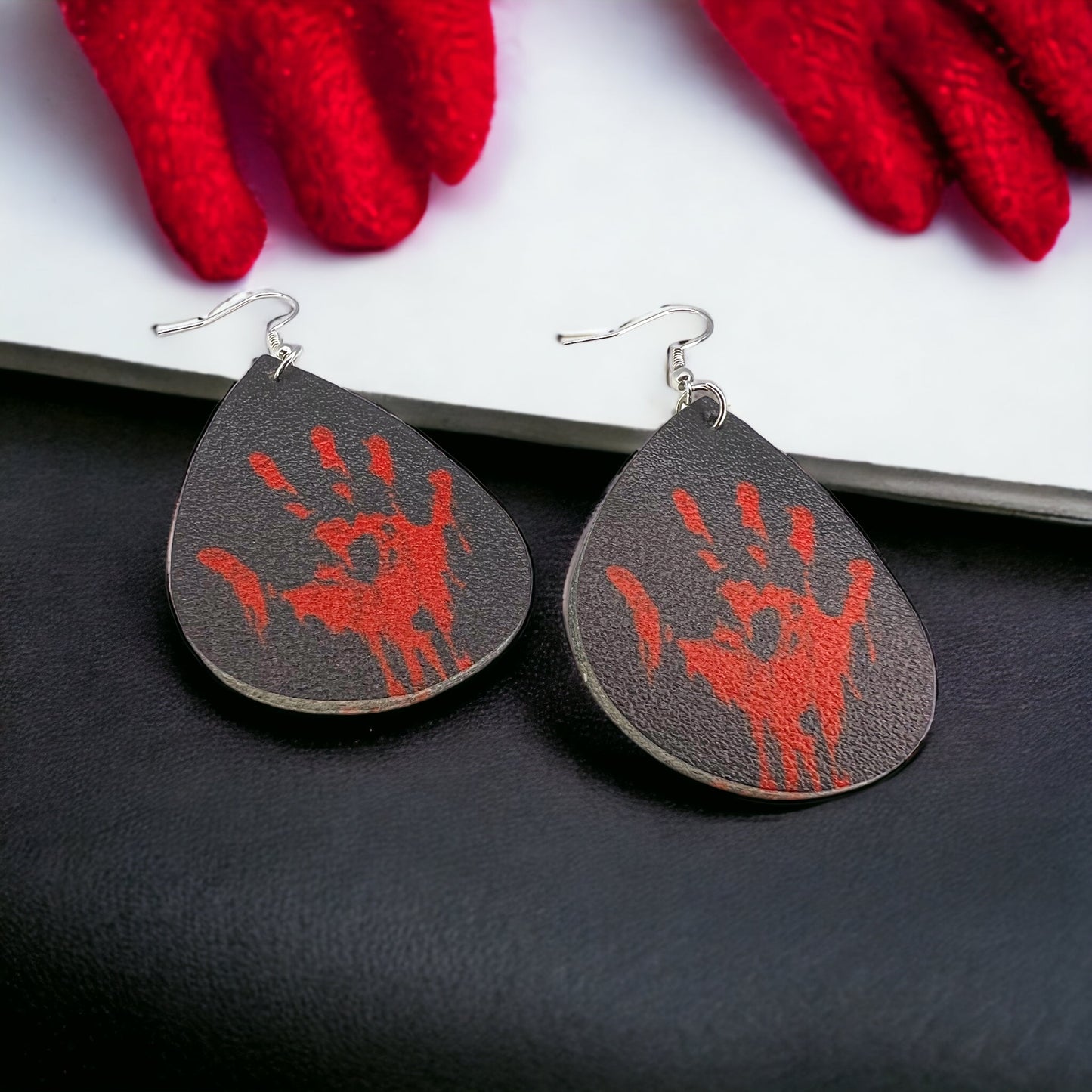 True Crime Earrings - Halloween Earrings, Bloody Handprint, Crime Scene, Bloody Earrings - Rhythms of Grace Creative