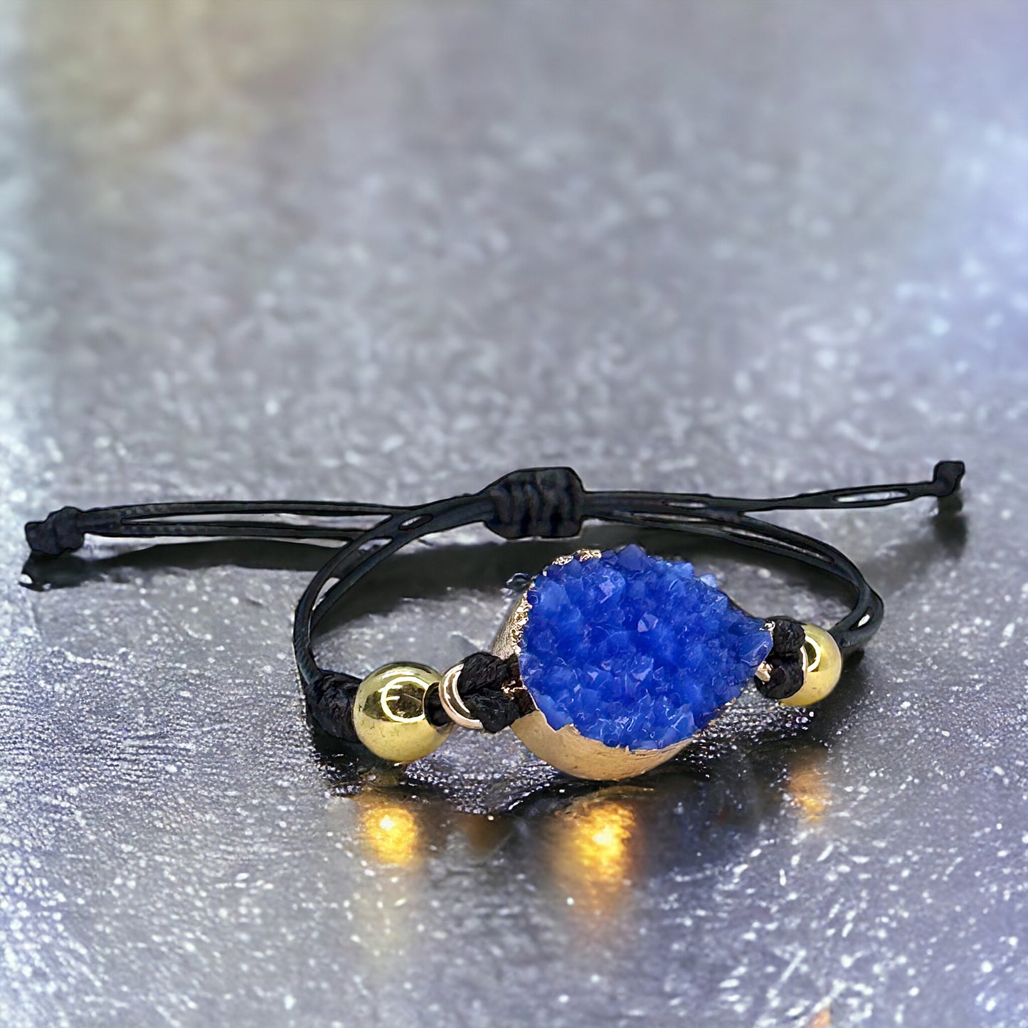 Black Leather Bracelet with Gold and Blue Charm