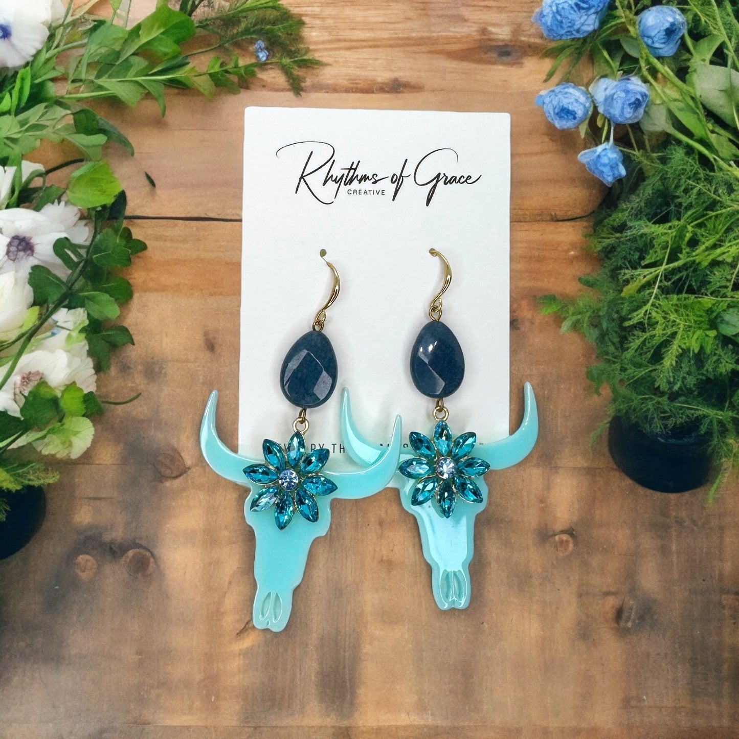 Striking Blue/Teal Longhorn Dangle Earrings - Versatile Western Style Statement Jewelry
