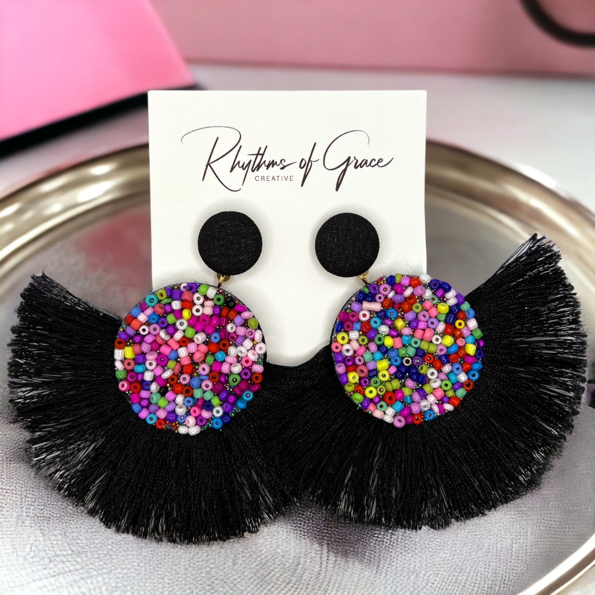 Beaded Tassel Earrings - Beaded Earrings, Beaded Accessories, Black Earrings, Rainbow Earrings - Rhythms of Grace Creative