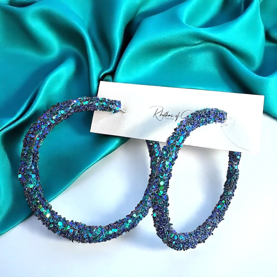 Shimmering Elegance: Blue and Green Glitter Hoops