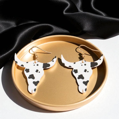 Cow Print Longhorn Dangle Earrings – Western Chic Meets Rodeo Glam!