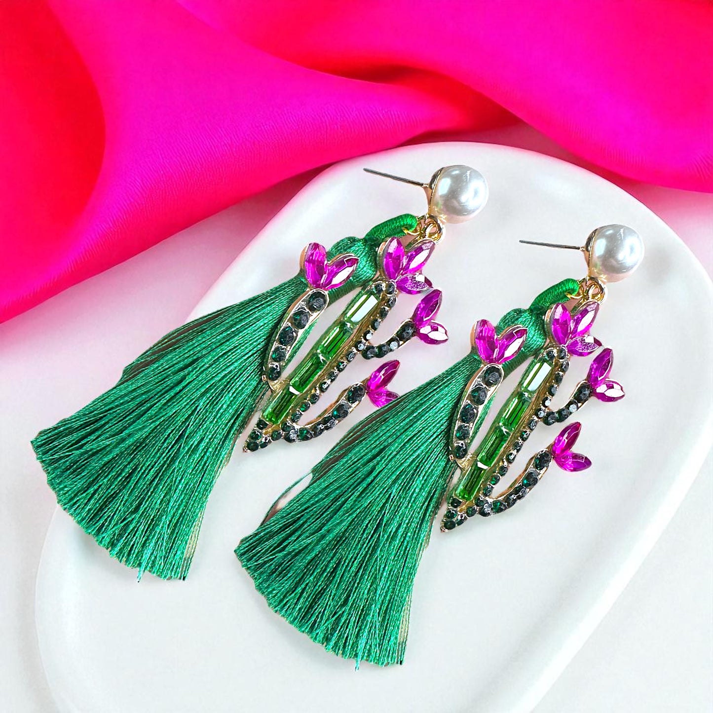 Sparkle in the Desert – Rhinestone Cactus Tassel Earrings 🌵
