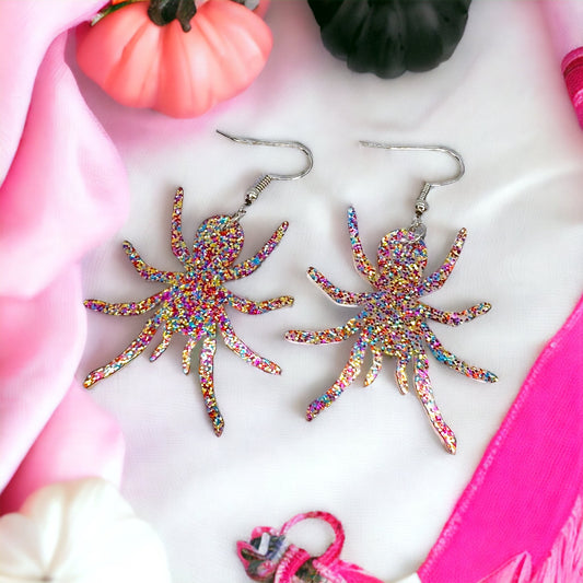 Pink Glitter Spider Earrings - Halloween Earrings, Halloween Accessories , Spoder Accessories, Halloween Costume, Halloween Teacher - Rhythms of Grace Creative