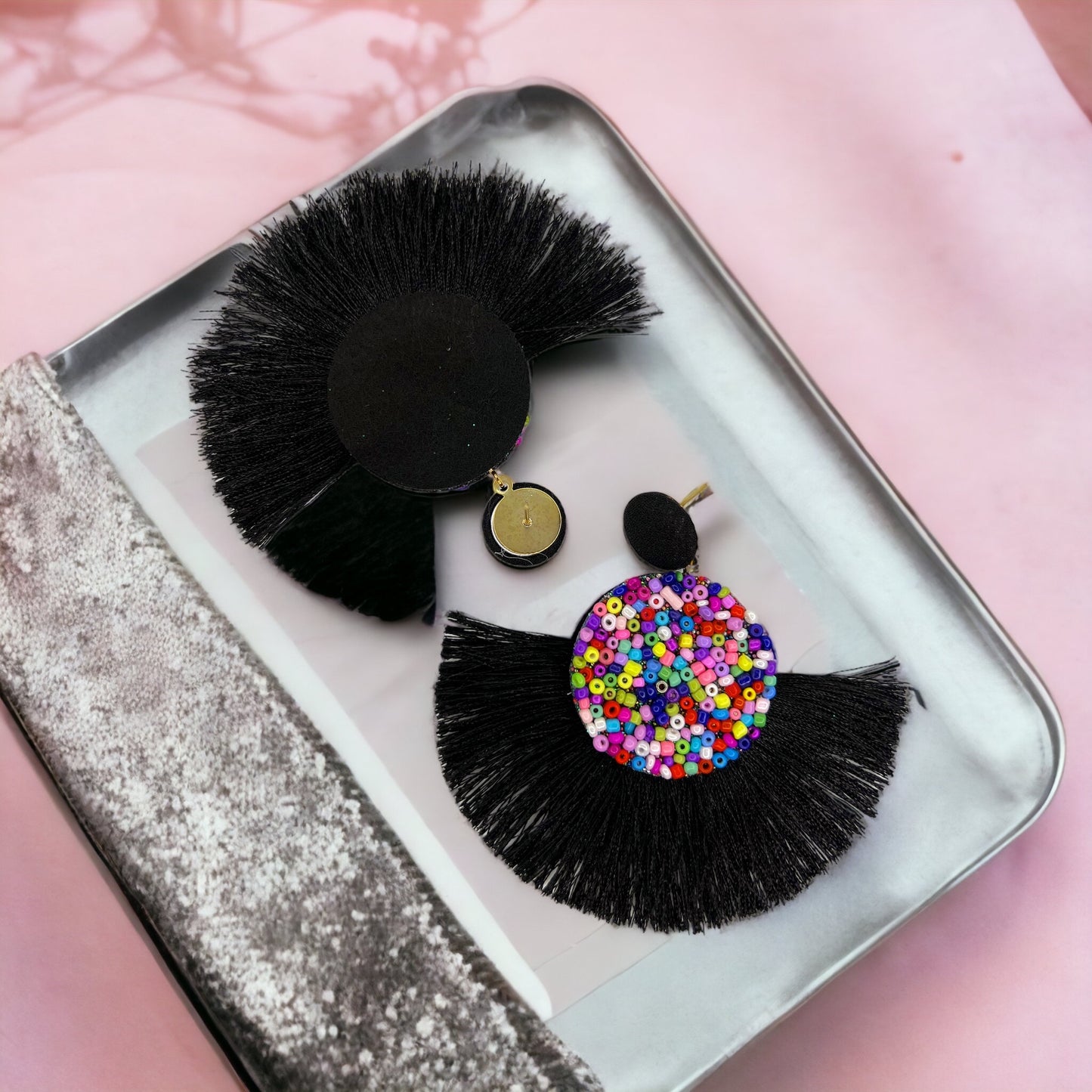 Beaded Tassel Earrings - Beaded Earrings, Beaded Accessories, Black Earrings, Rainbow Earrings - Rhythms of Grace Creative