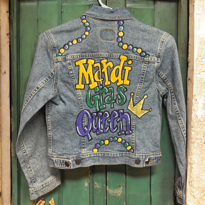 Hand Painted Jean Jacket: “Mardi Gras Queen”