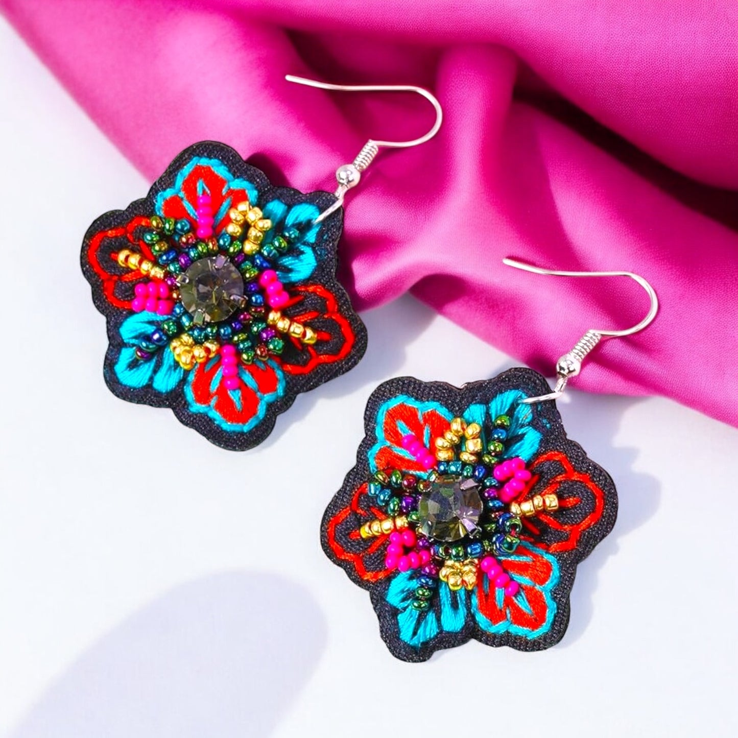 Boho Chic Embroidered Dangle Earrings – Add a Pop of Color!