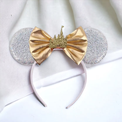 Princess Castle Mouse Ears, Gold Bow, Silver or Gold Castle - Brand New!