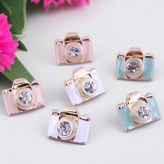 Snap Chic: Dazzling Camera Rhinestone Stud Earrings in White, Pink & Blue!
