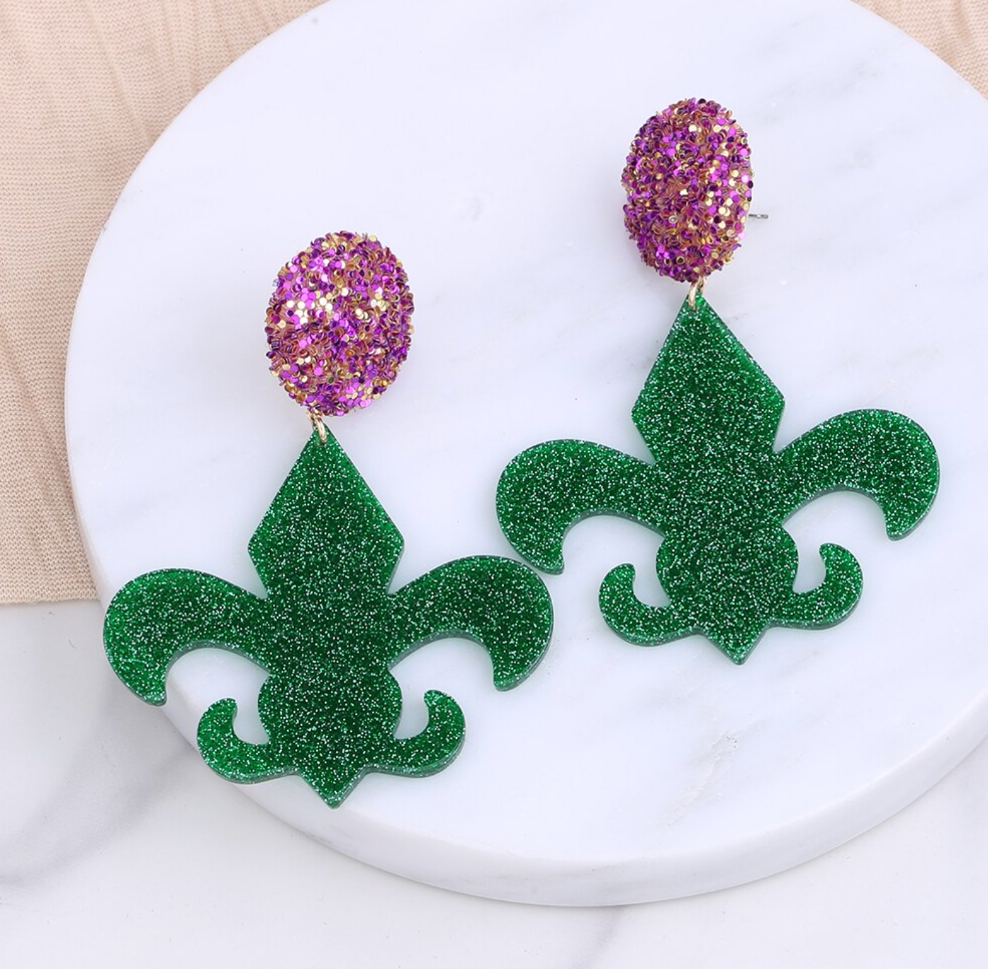 Mardi Gras Oversized Statement Earrings - Glitter Fleur-de-Lis Elegance - Rhythms of Grace Creative