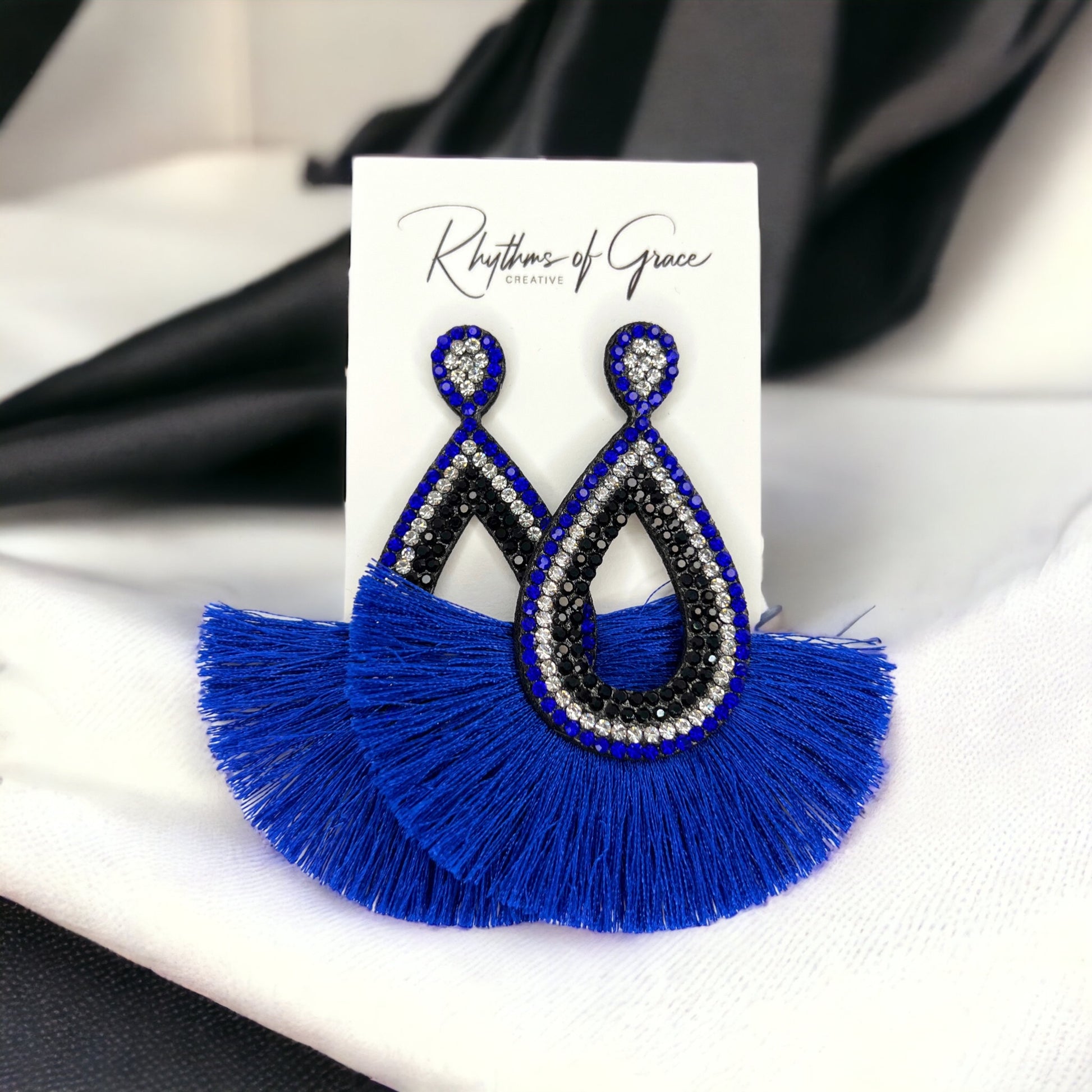 Blue and Black Earrings - Blue Accessories, Rhinestone Earrings, Blue and White Rhinestones, Fringe Earrings - Rhythms of Grace Creative
