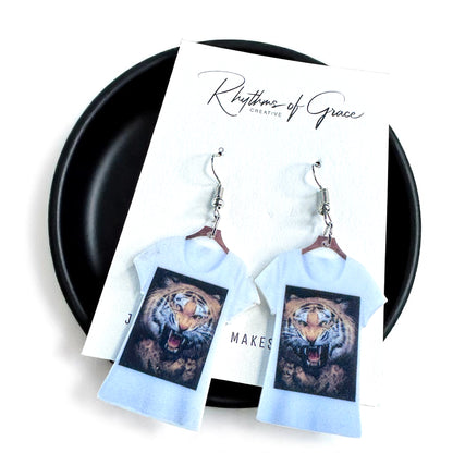 Tiger T-shirt Earrings - Tiger Earrings, Crazy Cat Lady, Tigers Football, Animal Lover, Vet Tech, Veterinarian Gift, Fur Mom, Tiger Shirt - Rhythms of Grace Creative