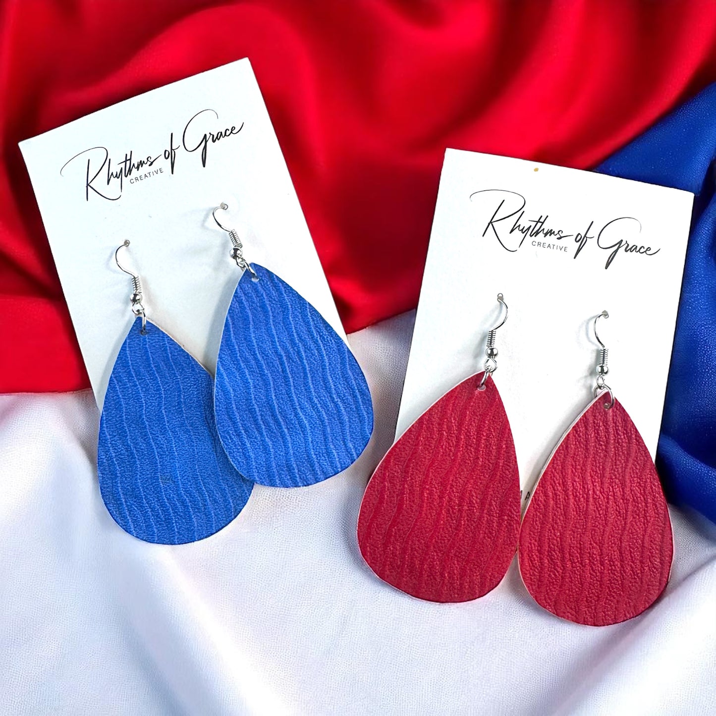 Teardrop Treasures: Red & Blue Faux Leather Dangle Earrings for Ultimate Style!