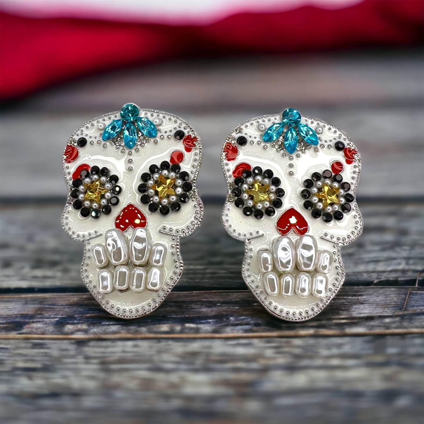 Sugar Skull Earrings - Halloween Earrings, Rhinestone Skull, Halloween Teacher, Jeweled Halloween, Skeleton Earrings - Rhythms of Grace Creative