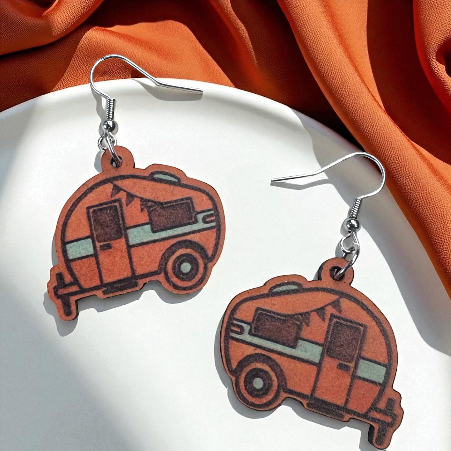 Happy Camper Vibes: Handmade Wooden Camper Dangle Earrings for Your Next Adventure