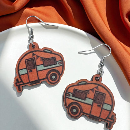 Happy Camper Vibes: Handmade Wooden Camper Dangle Earrings for Your Next Adventure