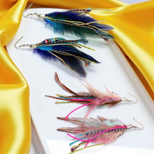 Colorful Boho Chic Feather & Beaded Tassel Dangle Earrings – Two Gorgeous Color Combos!