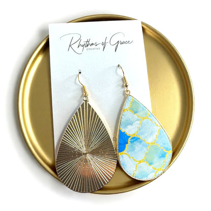 Beach Bliss: Blue, Gold & White Teardrop Dangle Earrings for Stylish Days!