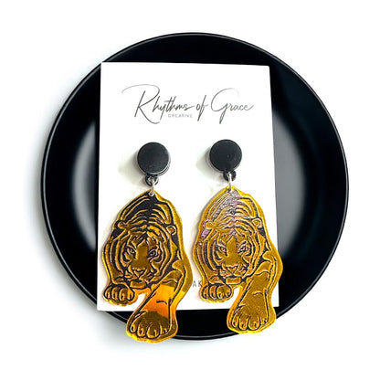Fierce Tiger Earrings – Mirrored Acrylic Statement Dangles