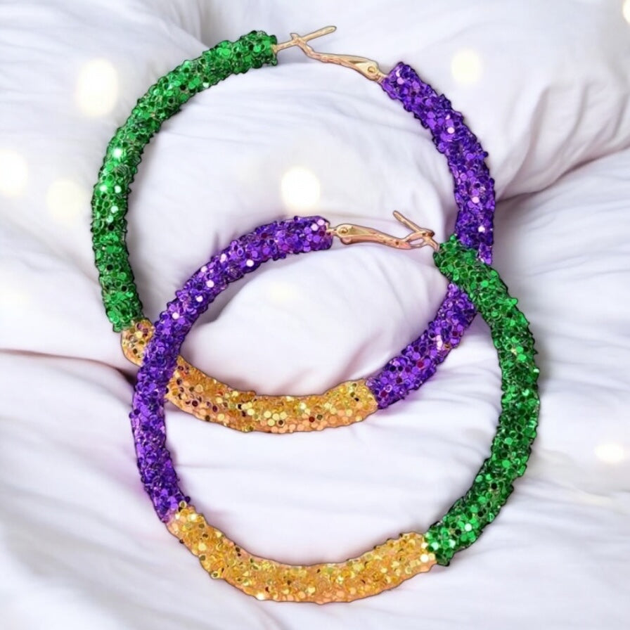 Sparkle & Celebrate: Mardi Gras Glitter Hoops for Your Festive Flair!
