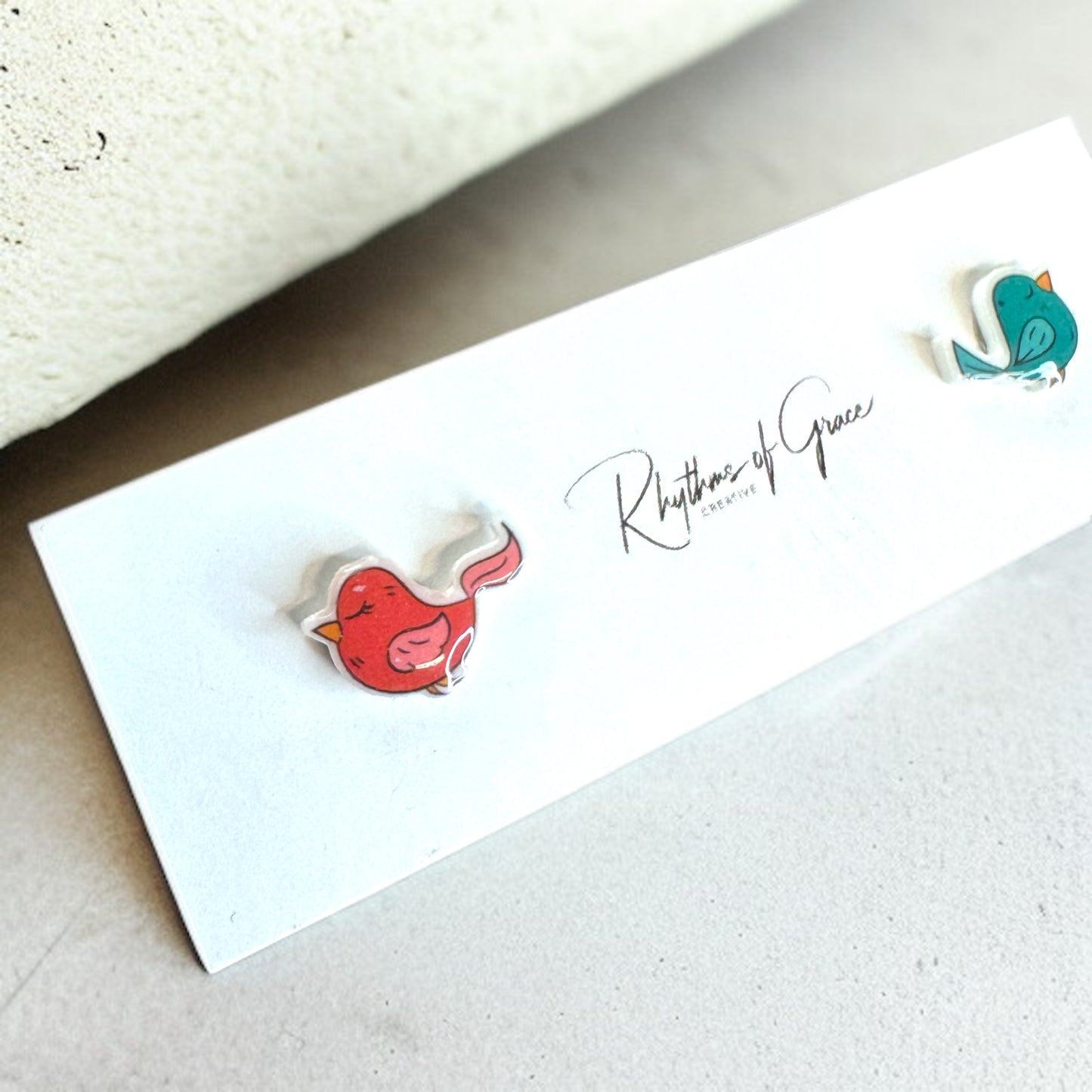 Whimsical Fairy Tale Bird Studs: Pink & Blue Mismatched Magic!