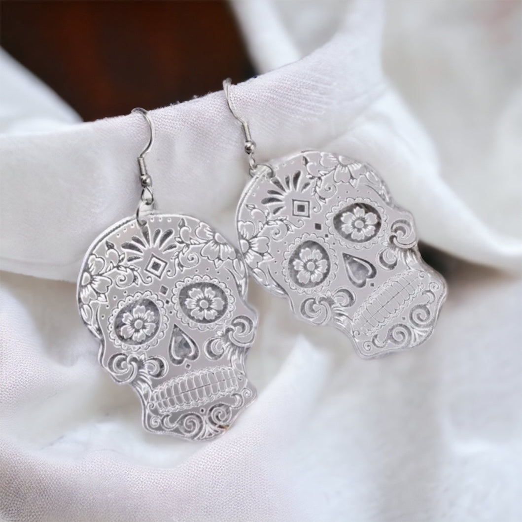 Metallic Skull Earrings - Halloween Earrings, Skeleton Earrings, Halloween Skull, Halloween Earrings, Sugar Skull, Trick or Treat - Rhythms of Grace Creative