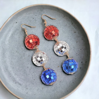 Patriotic Disco Ball Earrings - Fourth of July, Stars and Stripes, Red White and Blue
