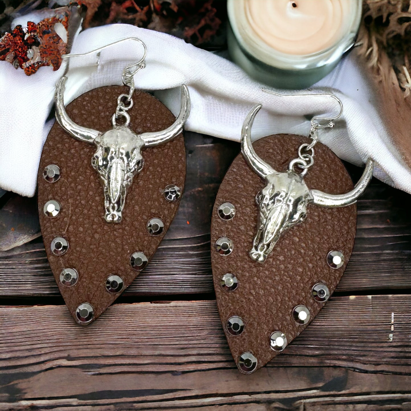 Stunning Western Bull Head Dangle Earrings - Brown Leather, Zinc Alloy, Stainless Steel & Rhinestones