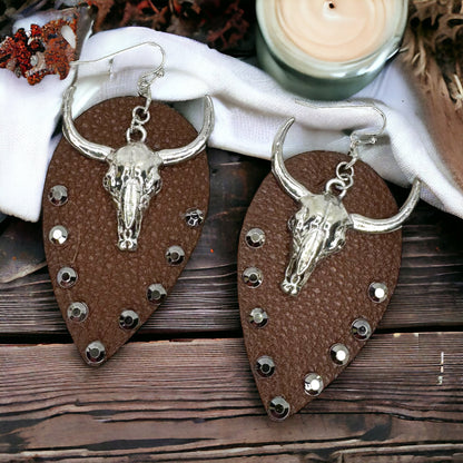 Stunning Western Bull Head Dangle Earrings - Brown Leather, Zinc Alloy, Stainless Steel & Rhinestones