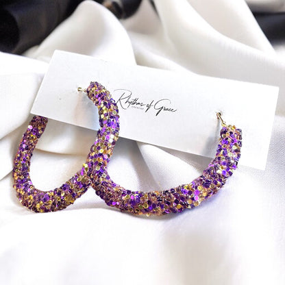 Shimmering Elegance: Purple and Gold Glitter Hoops