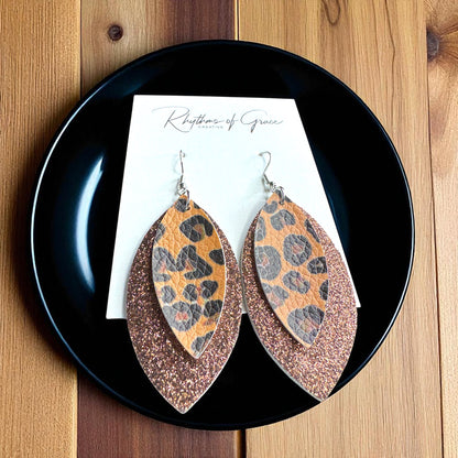 Wild & Glam – Brown Glitter + Animal Print Dangle Earrings