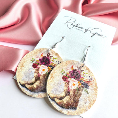 Boots & Blooms: Floral Cowgirl Boot Round Dangle Earrings