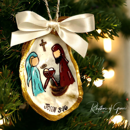 Hand-Painted Oyster Shell Christmas Ornament: "John 3:16"