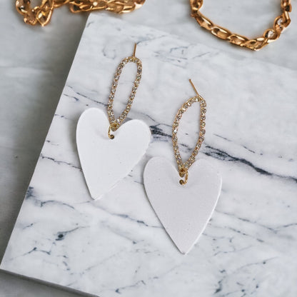White Heart Earrings - Rhinestone Earrings, White Earrings, Handmade Earrings, Heart Accessories - Rhythms of Grace Creative