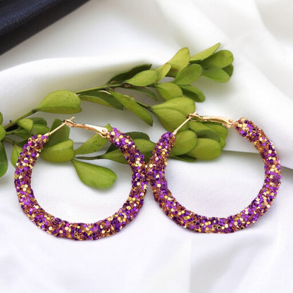 Shimmering Elegance: Purple and Gold Glitter Hoops