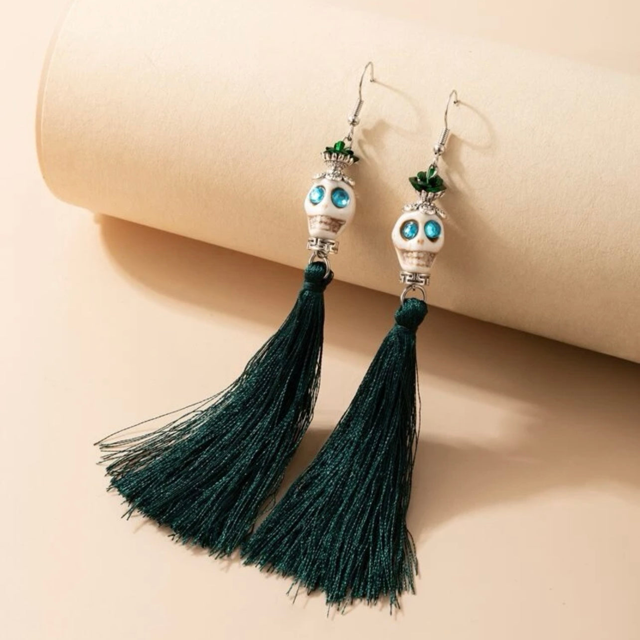 Skull Earrings - Halloween Jewelry, Skull Tassel, Halloween Accessories, Trick or Treat, Halloween Costume - Rhythms of Grace Creative