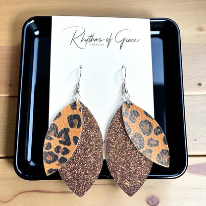 Wild & Glam – Brown Glitter + Animal Print Dangle Earrings